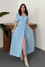Robe longue en mousseline bleu ciel en gros
