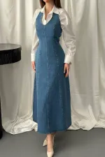 Toptan Mavi Boyundan Bağlamalı Kot Elbise