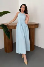 Toptan Bebe Mavi Arkası Gipeli Keten Elbise