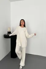 Toptan Ekru Klasik Fitilli Kazak Ve Pantolon Takım