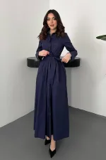 Toptan Lacivert Düğmeli Poplin Elbise