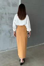 Toptan Camel Gabardin Boyamalı Püsküllü Etek