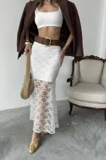 Toptan Beyaz Dantel Detaylı Etek