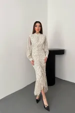 Toptan Bej Balık Şifon Elbise