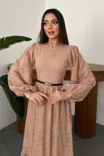 Toptan Bej Dantelli Elbise