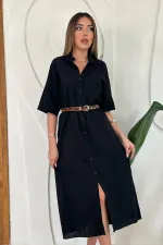 Robe à manches courtes en lin noir en gros