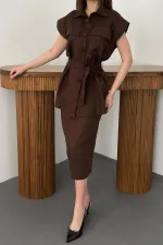 Toptan Kahverengi Cepli Gömlek Ve Etek Takım