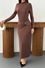 Toptan Kahverengi Beli Tokalı Elbise