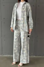 Wholesale Blue Leopard Patterned Jacket and Trousers Linen Suit