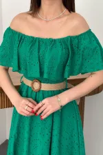 Robe brodée verte à épaules élastiques en gros