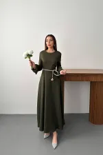 Toptan Haki Balon Kollu Kuşaklı Elbise