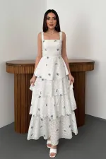 Toptan Lila Çiçek Desenli Kat Kat Arkası Bağlamalı Elbise