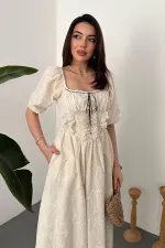 Toptan Bej Dantel Detaylı Brode Elbise