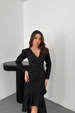 Toptan Siyah Volanlı Atlas Elbise