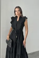 Robe boutonnée à volants noire en gros