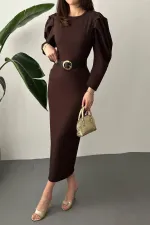 Toptan Kahverengi Kol Tepesi Pileli Kemerli Elbise