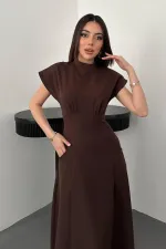 Toptan Kahverengi Göğüs Büzgülü Elbise