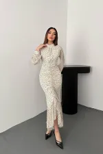 Toptan Bej Balık Şifon Elbise