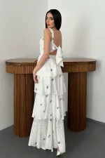 Toptan Lila Çiçek Desenli Kat Kat Arkası Bağlamalı Elbise