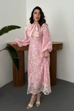 Toptan Pembe Yakası Fular Detaylı Elbise