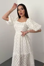 Toptan Beyaz Balon Kollu Fırfırlı Elbise