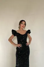 Robe noire sans manches à paillettes en gros