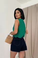 Toptan Yeşil Sıfır Kol Brode Bluz