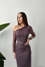 Toptan Kahverengi Ekose Desen Tül Elbise