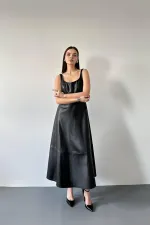 Toptan Siyah Askılı Deri Elbise