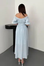 Robe en mousseline de lin bleu bébé à col froncé en gros