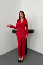 Toptan Kırmızı Püsküllü Saten İkili Takım