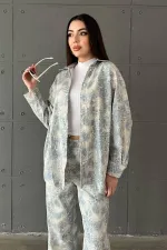 Wholesale Blue Leopard Patterned Jacket and Trousers Linen Suit