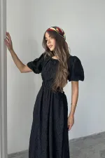 Toptan Siyah Balon Kol Kuşaklı Elbise