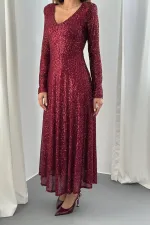 Toptan Bordo Sırt Dekolteli Pulpayet Elbise