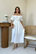 Robe en mousseline de lin blanche à col froncé en gros