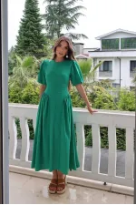 Toptan Yeşil Arkadan Bağlamalı Büzgülü Keten Elbise