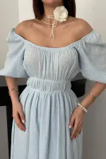 Robe en mousseline de lin bleu bébé à col froncé en gros