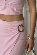 Toptan Pudra Keten Gömlek Ve Etek Takım