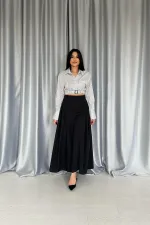 Toptan Siyah Yanları Büzgülü Uzun Etek