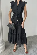 Robe boutonnée à volants noire en gros