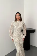 Toptan Bej Balık Şifon Elbise