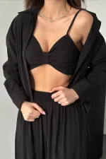 Toptan Siyah Gipe Detaylı Üçlü Takım