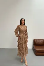 Toptan Vizon Valonlu Şeritli Kat Kat Elbise