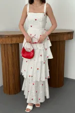 Toptan Kırmızı Kat Kat Arkası Bağlamalı Elbise