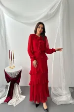 Toptan Kırmızı Fırfırlı Şifon Takım