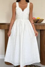 Toptan Ekru Dantel Detaylı Askılı Elbise