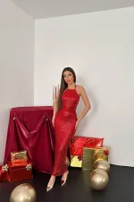 Robe rouge à paillettes avec dos nu en gros