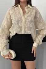 Toptan Bej Nakışlı Oversıze Gömlek