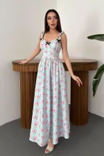 Toptan Bebe Mavi Önü Fiyonklu Çiçekli Elbise