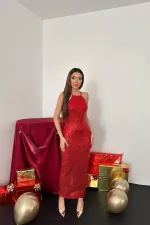 Robe rouge à paillettes avec dos nu en gros